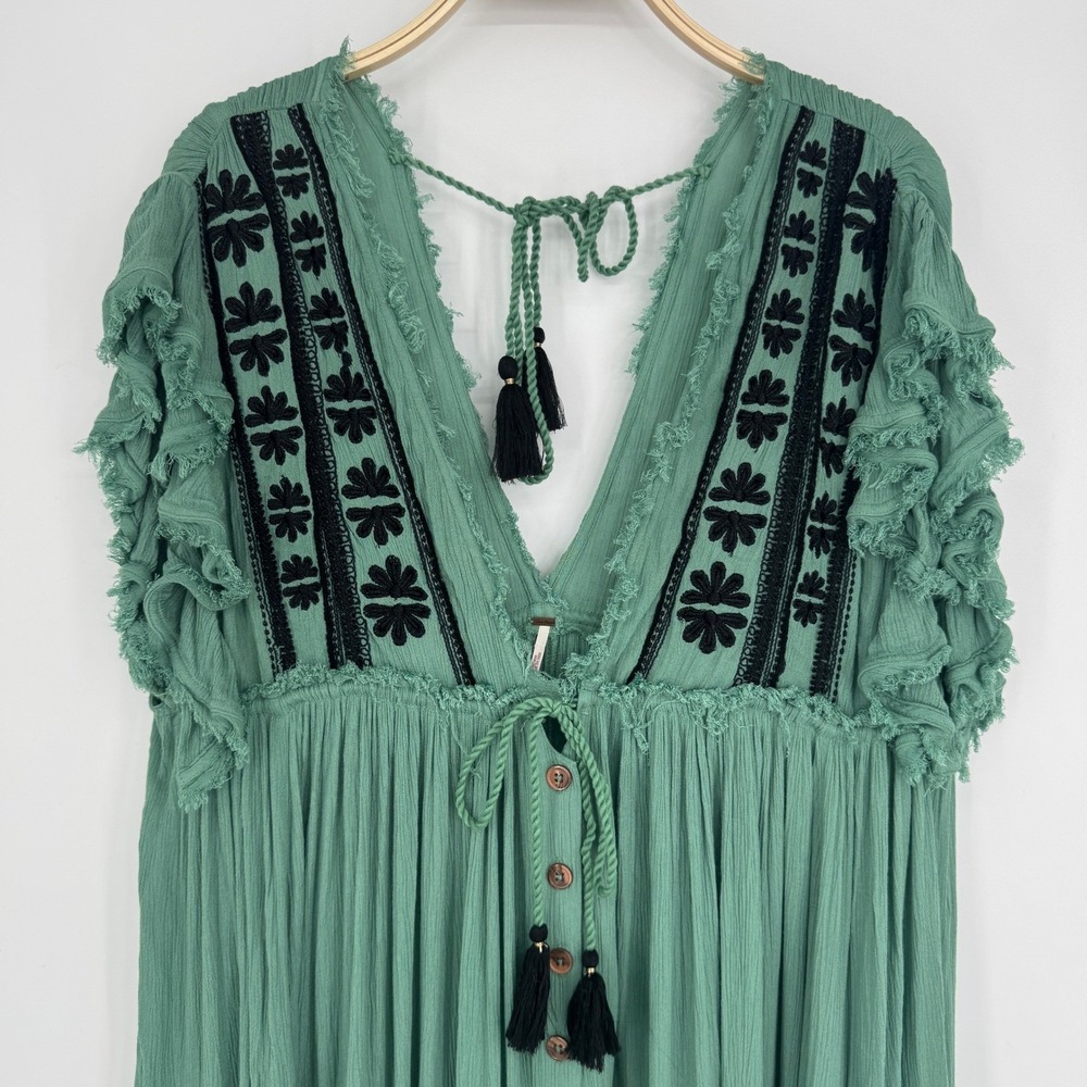Free People Beach Comber Dress Medium Green Embroidered Boho Peasant Cottage - Picture 4 of 12